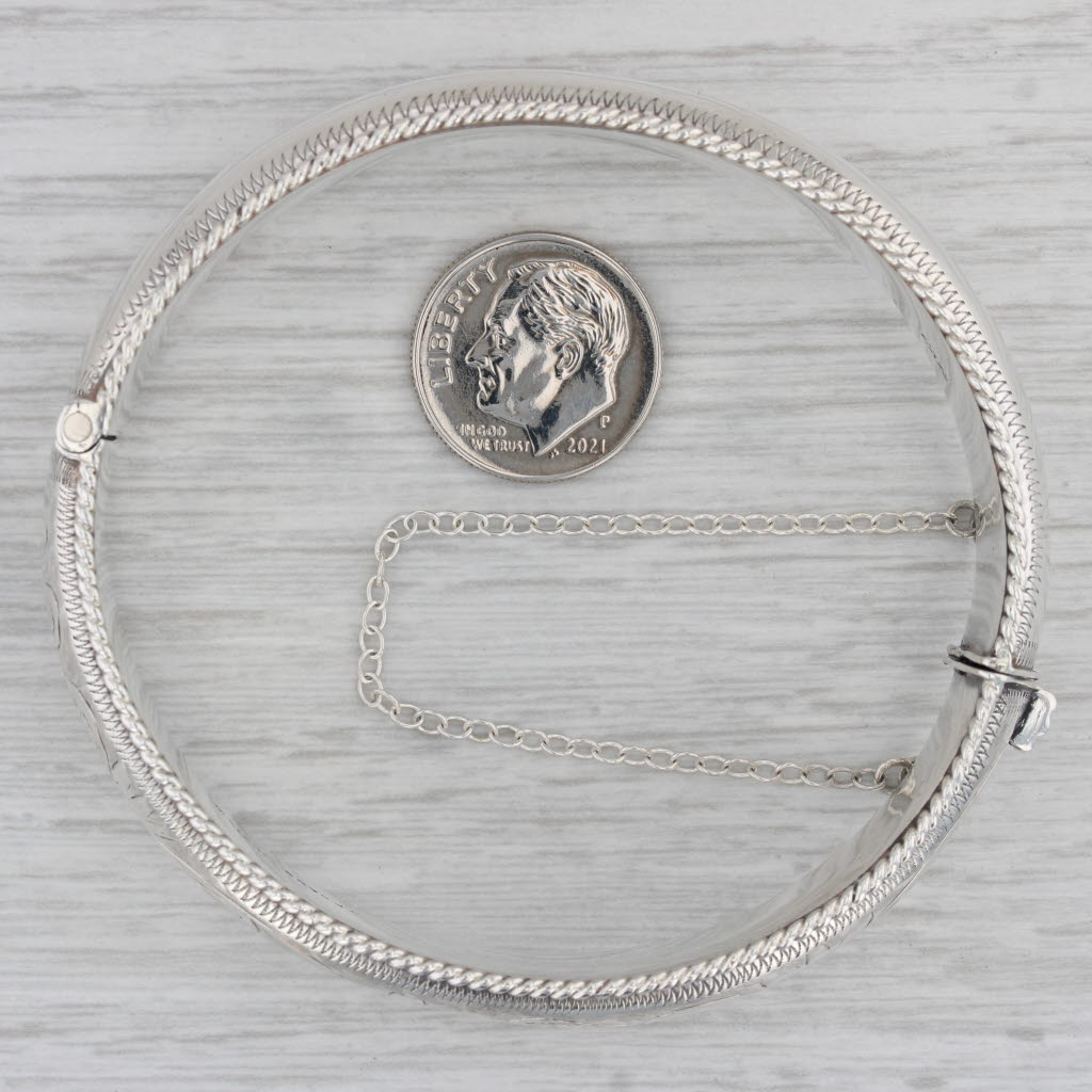 Gray Floral Engraved Hinged Bangle Bracelet Sterling Silver Vintage Birmingham 7.25"