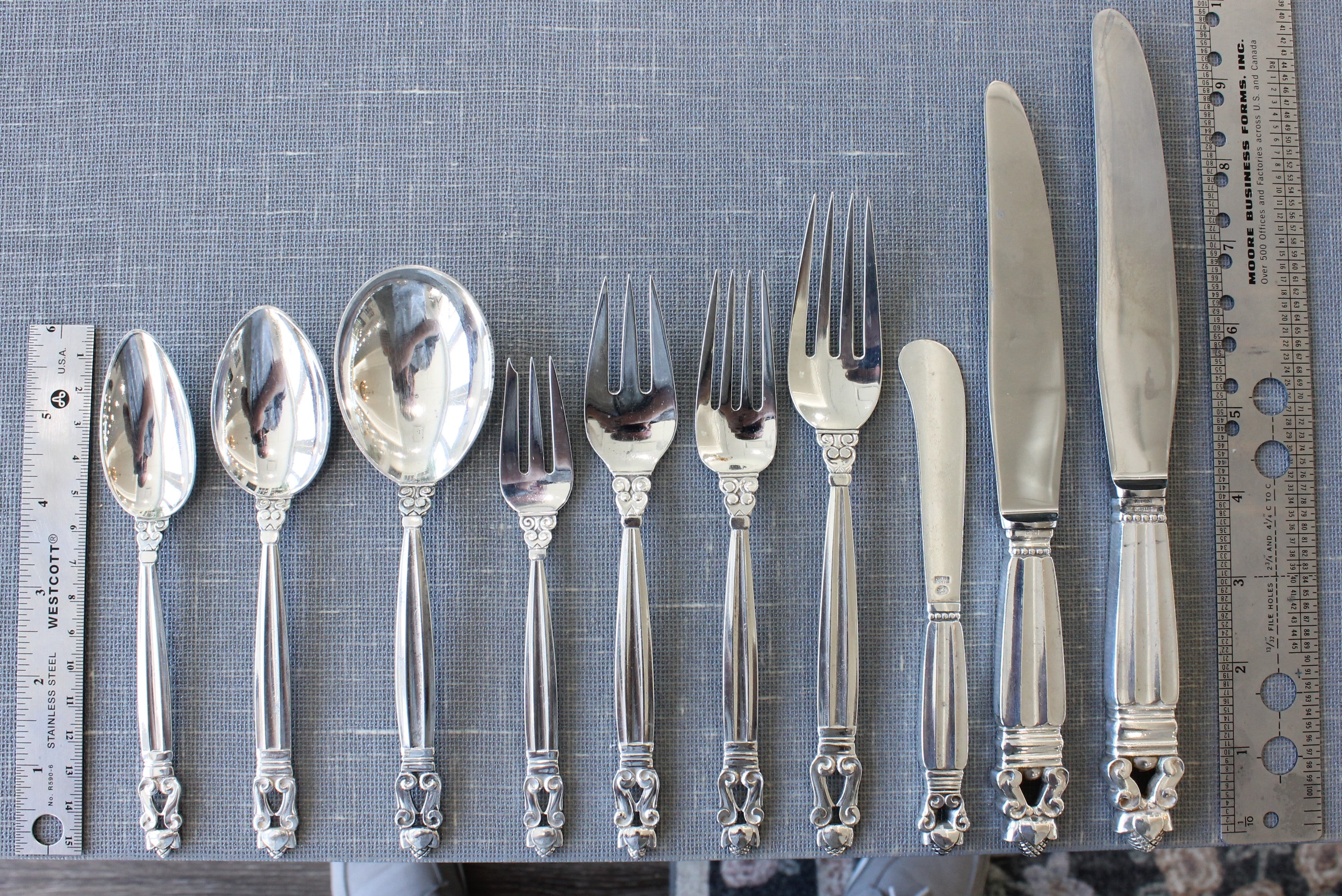 Light Slate Gray Georg Jensen Acorn Sterling Silver Flatware Set 10pc Service of 8 Danish Cutlery
