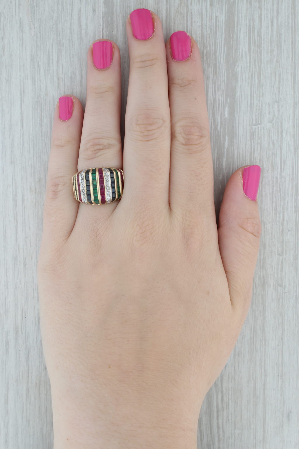 Gray 3.76ctw Gemstone Striped Ring 14k Yellow Gold Diamond Ruby Sapphire Emerald