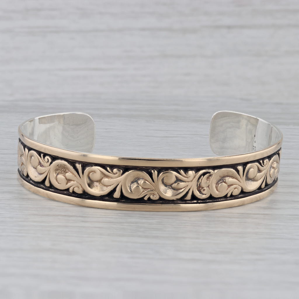 Gray Ornate Floral Cuff Bracelet 14k Yellow Gold Sterling Silver 6.75" Levin