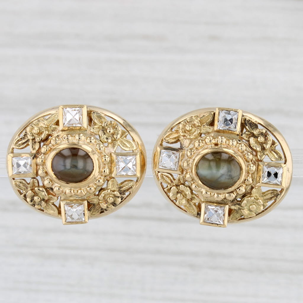 Light Gray Julius Cohen Diamond Cat's Eye Floral Stud Earrings 18k 14k Yellow Gold