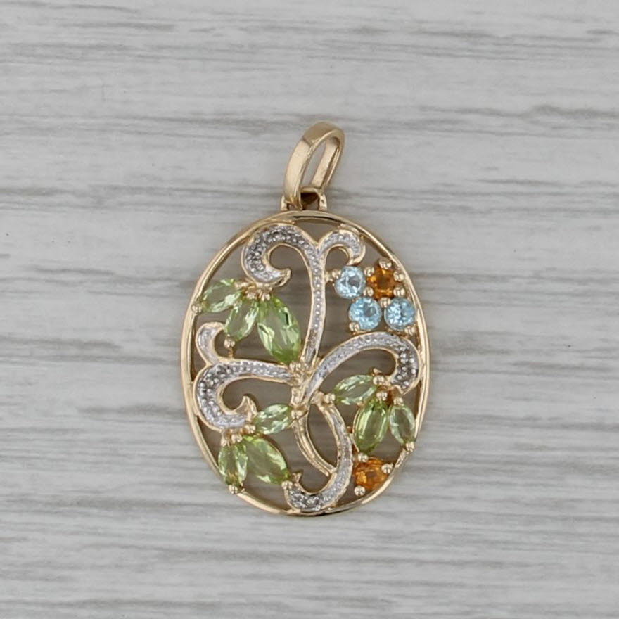 1.38ctw Peridot Topaz Citrine Floral Pendant 14k Yellow Gold