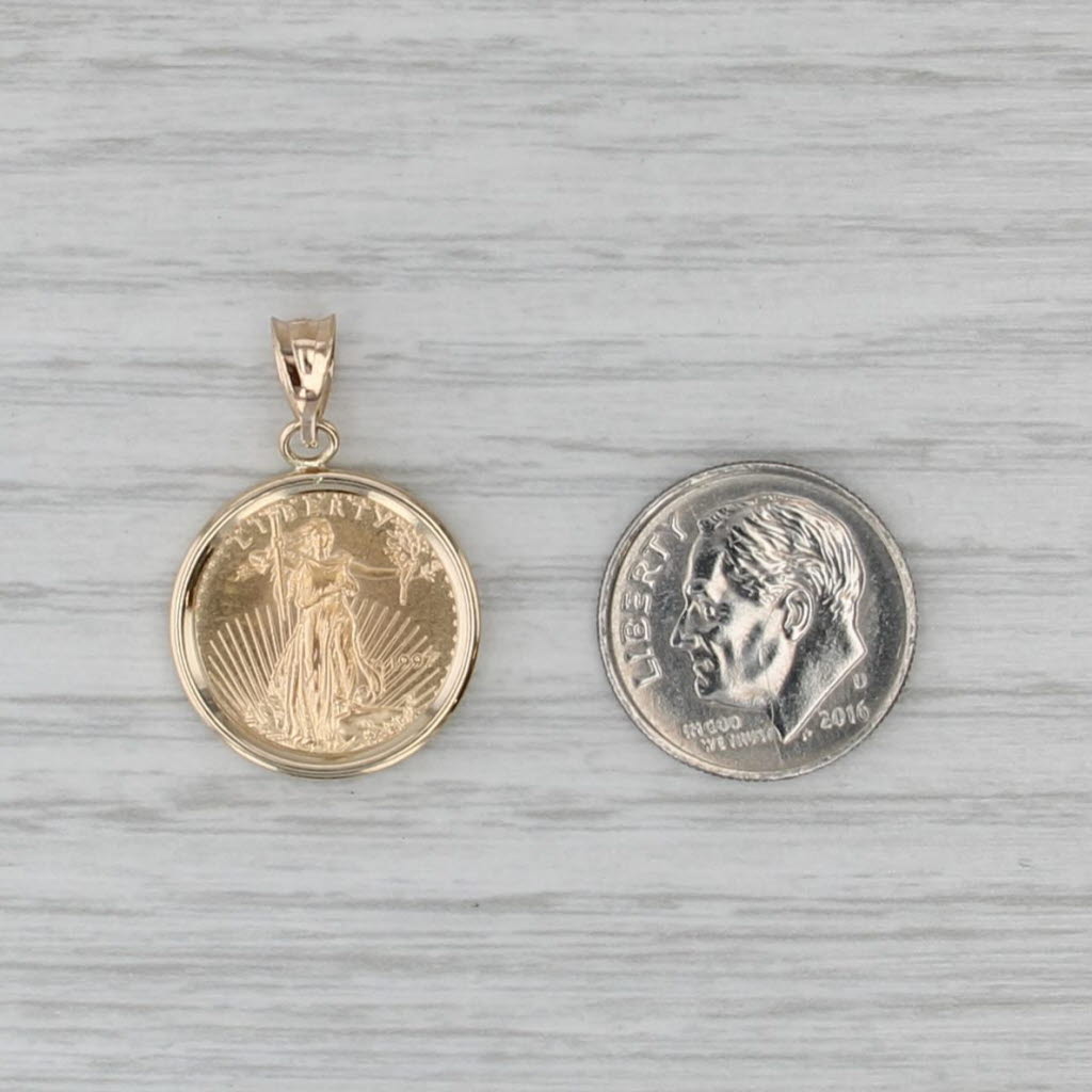1997 22k Gold American Eagle Coin Pendant 14k Yellow Gold Bezel $5 1/10 oz