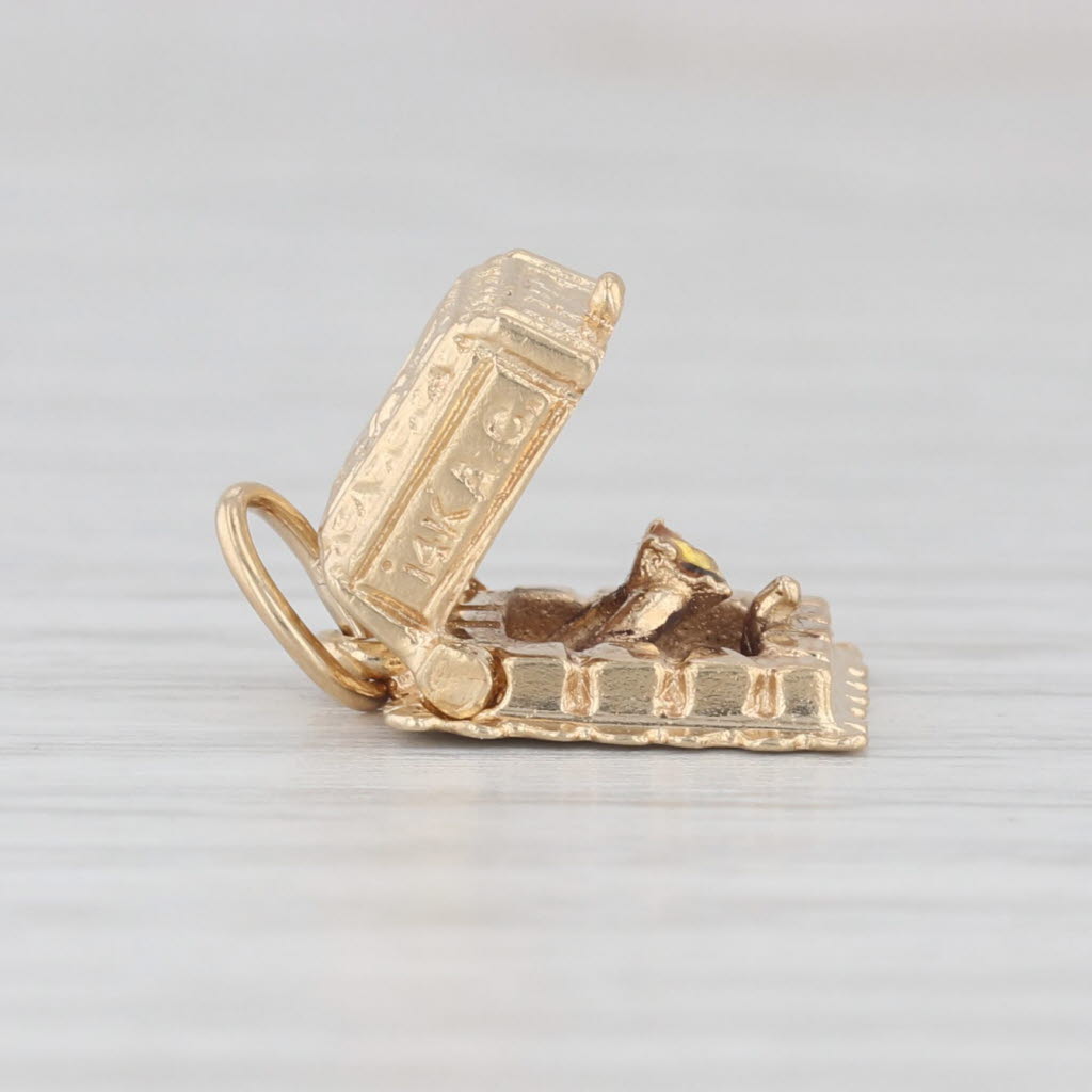 Light Gray Vintage Ring Box with Rhinestone Ring Charm 14k Yellow Gold Small Pendant Opens