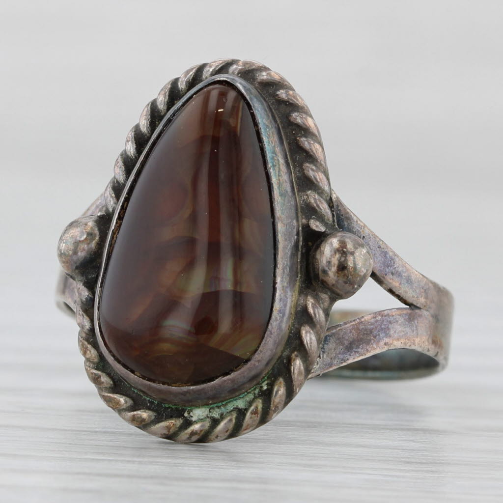 Dark Slate Gray Fire Agate Pear Cabochon Ring Sterling Silver Vintage Native American Size 8.5