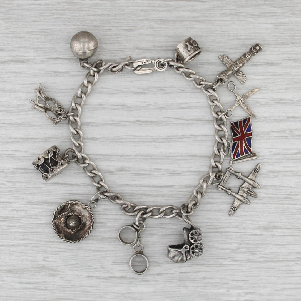 Vintage Souvenir Charm Bracelet Sterling Silver Traval British Baby Plane Drum