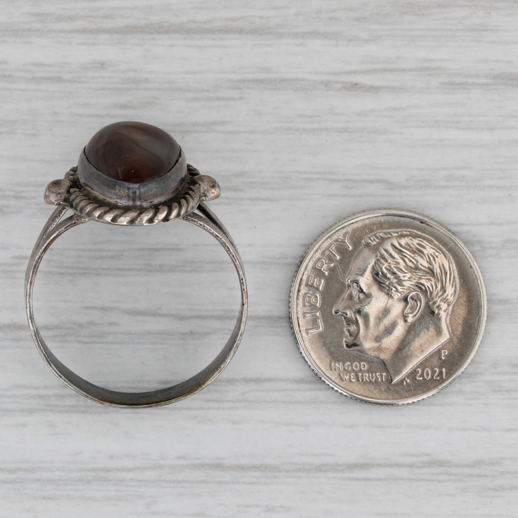 Gray Fire Agate Pear Cabochon Ring Sterling Silver Vintage Native American Size 8.5