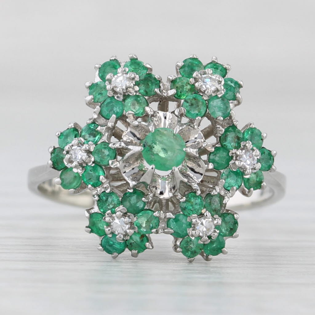 Light Gray 0.74ctw Emerald Diamond Flower Cluster Ring 18k White Gold Size 6.75