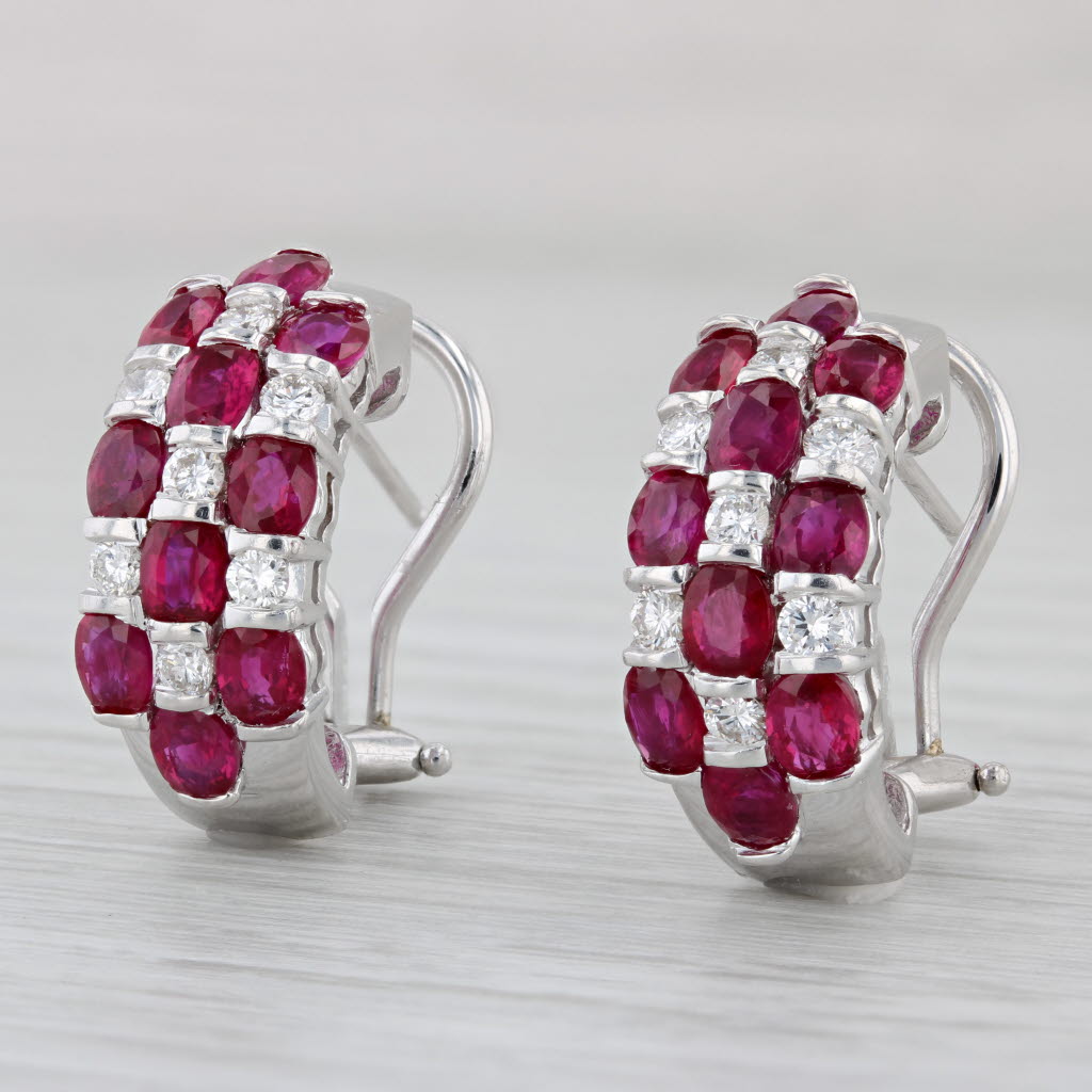 Light Gray 5.50ctw Ruby Diamond Half Hoop Earrings 18k White Gold Pierced Omega Backs