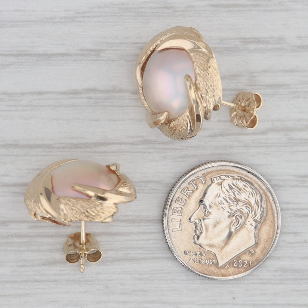 Gray Mabe Pearl Stud Earrings 14k Yellow Gold Cabochon Solitaires
