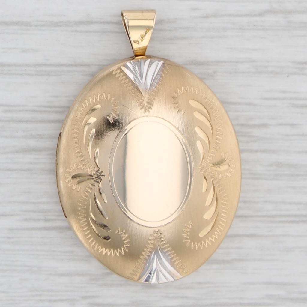 Light Gray Vintage Oval Locket Pendant 14k Yellow White Gold Engravable Picture Holder