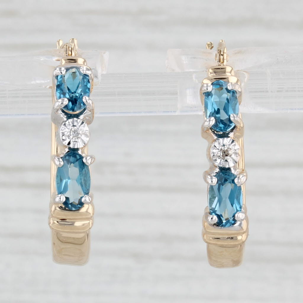 Light Gray 1ctw London Blue Topaz Hoop Earrings 10k Yellow Gold Round Hoops Diamond Accents