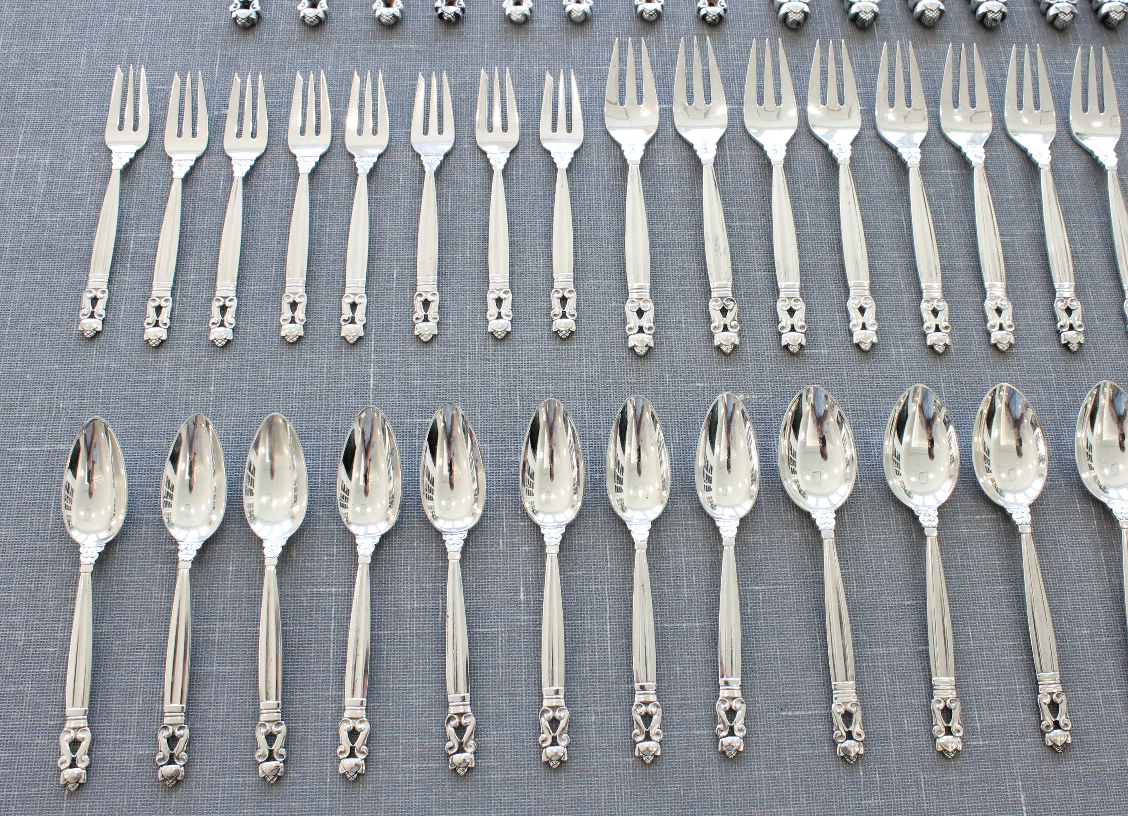 Light Slate Gray Georg Jensen Acorn Sterling Silver Flatware Set 10pc Service of 8 Danish Cutlery