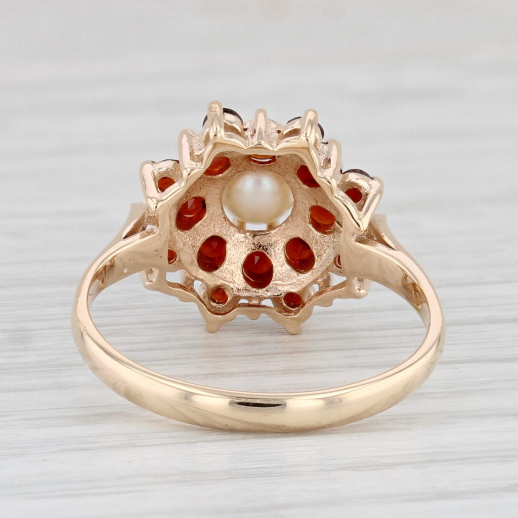 Light Gray Cultured Pearl Garnet Flower Ring 14k Yellow Gold Size 6.75