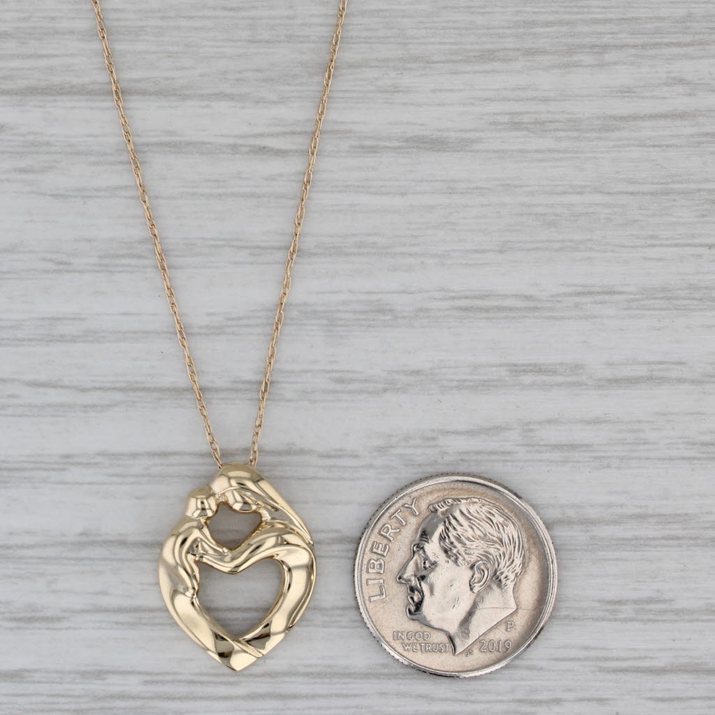 Mother & Child Heart Pendant Necklace 14k Yellow Gold 26.75" Fine Rope Chain