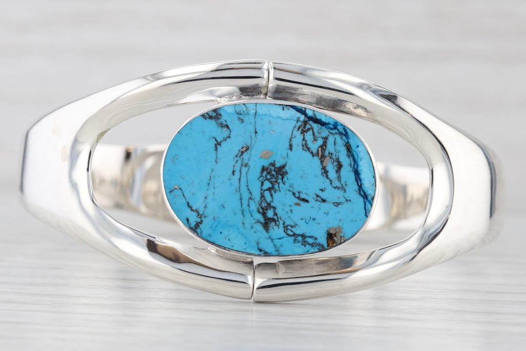 Light Gray Vintage Blue Resin Hinged Bangle Bracelet Sterling Silver 6.75" Mexico