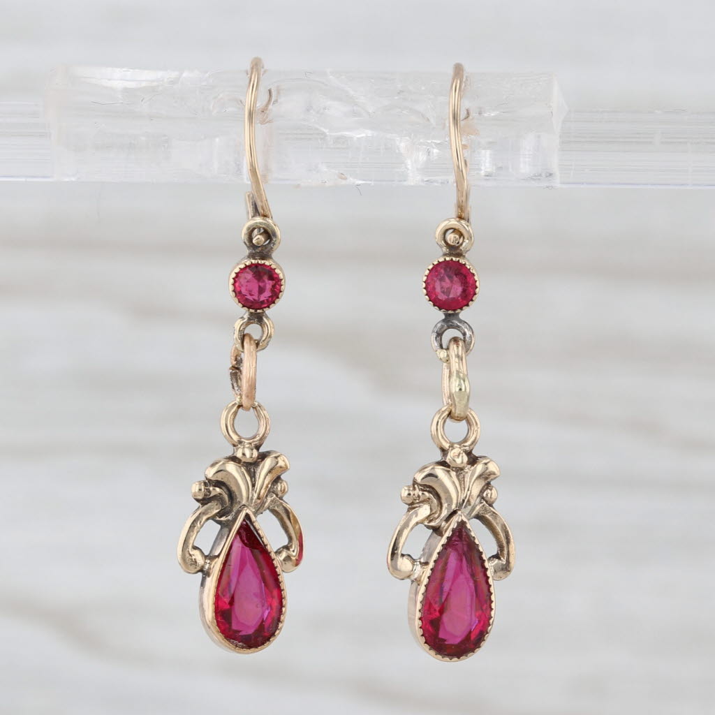 Antique Red Glass Teardrop Dangle Earrings 9k Yellow Gold Hook Posts