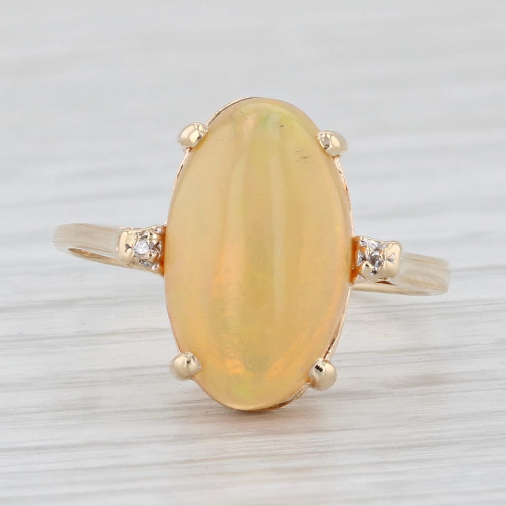 Light Gray Yellow Opal Oval Cabochon Solitaire Ring 14k Yellow Gold Size 6.25