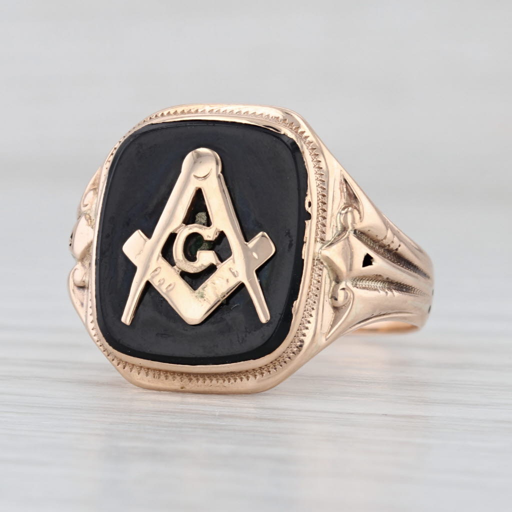 Men's 10k Yellow Gold Freemason Ring - Square & Compass With Blue Stone, Size 7