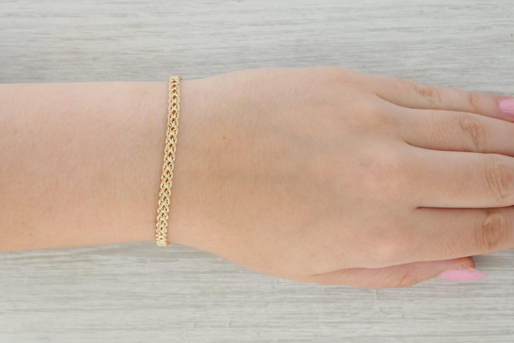 Tan Woven Rope Chain Bracelet 14k Yellow Gold 6.75" 4.3mm