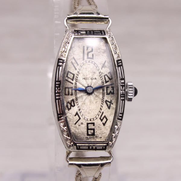 Gray Antique Milos Ladies 18k White Gold & Enamel Art Deco Wrist Watch Serviced