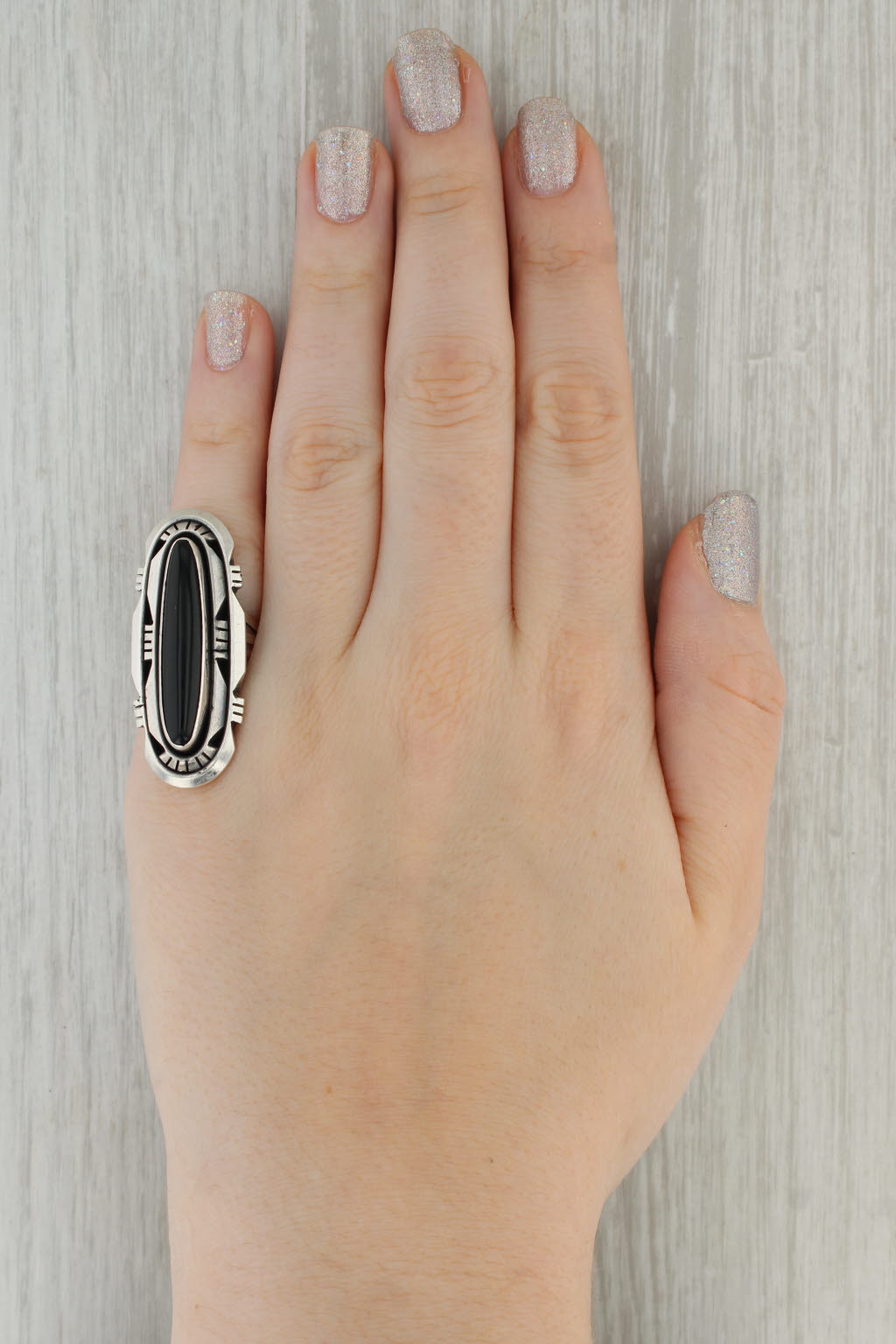 Dark Gray Vintage Native American Onyx Ring Sterling Silver Size 6.5 Statement