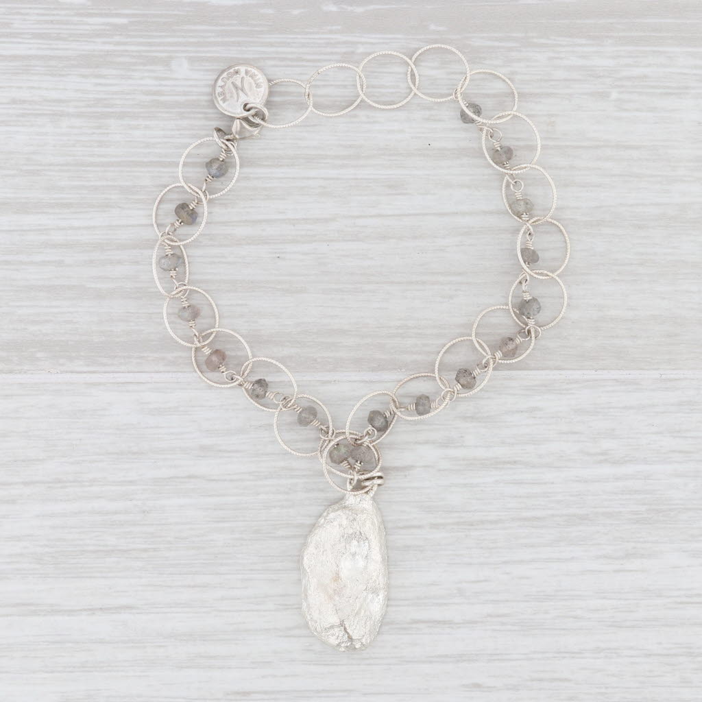 New Nina Wynn Charm Bracelet Druzy Geode Quartz Labradorite Bead 7.5" Sterling