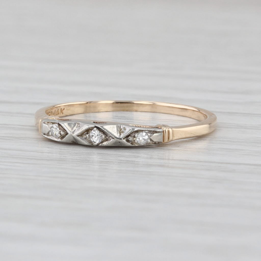 Vintage Diamond 3-Stone 14k White Yellow Gold Wedding Band Size 6.5 Stackable