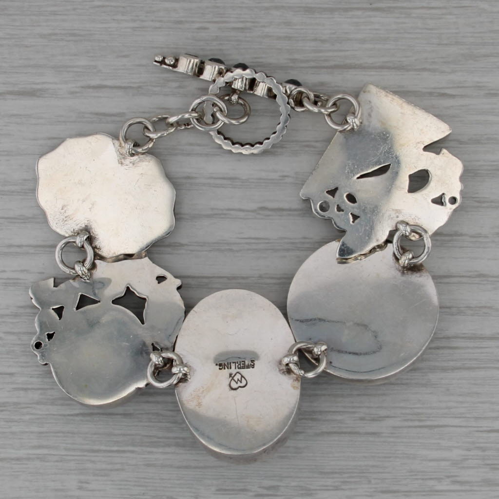 Hematite Lab Created Spinel Glass Statement Bracelet Sterling Silver Chunky 7"