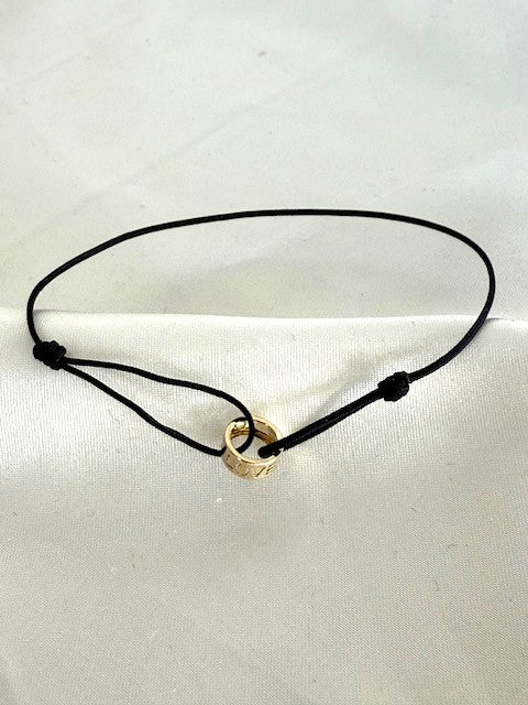 Love Charm Bracelet 14k Yellow Gold Bead Adjustable Black Cord up to 8.25"