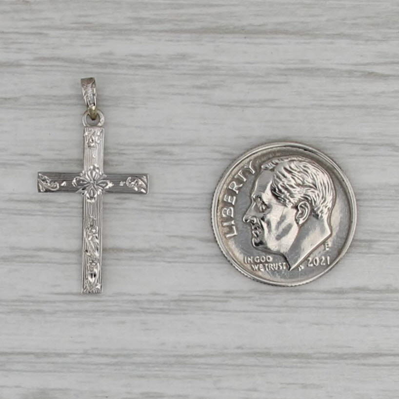 Floral Etched Cross Pendant 10k White Gold Small Drop
