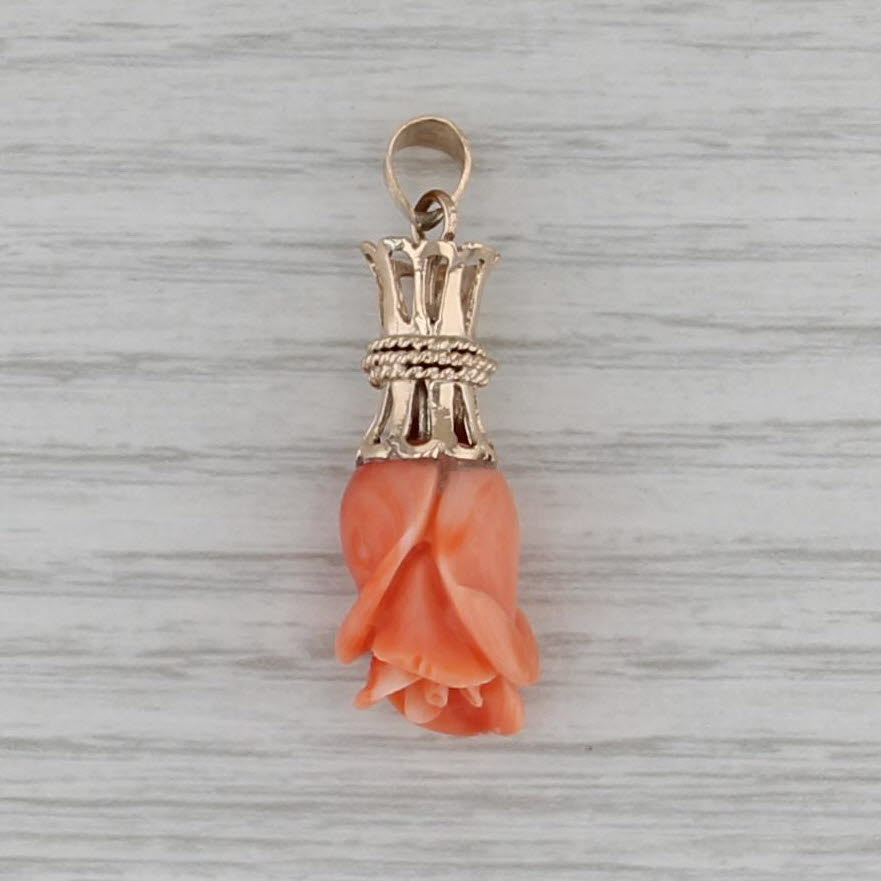 Coral Carved Rose Pendant 14k Yellow Gold Vintage Drop