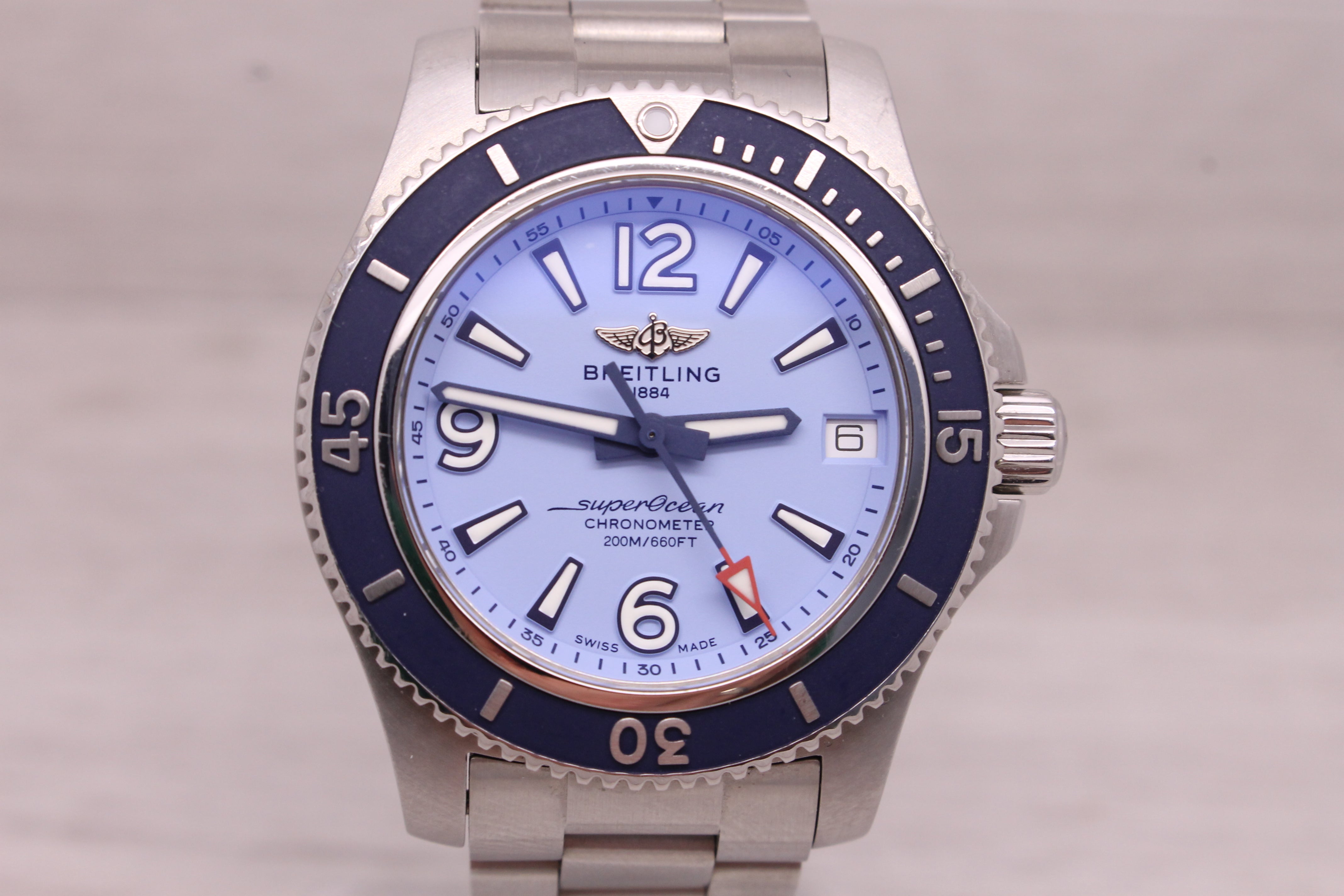 Gray Breitling Superocean 36 mm Steel Automatic Divers Watch Blue w Box Card A17316