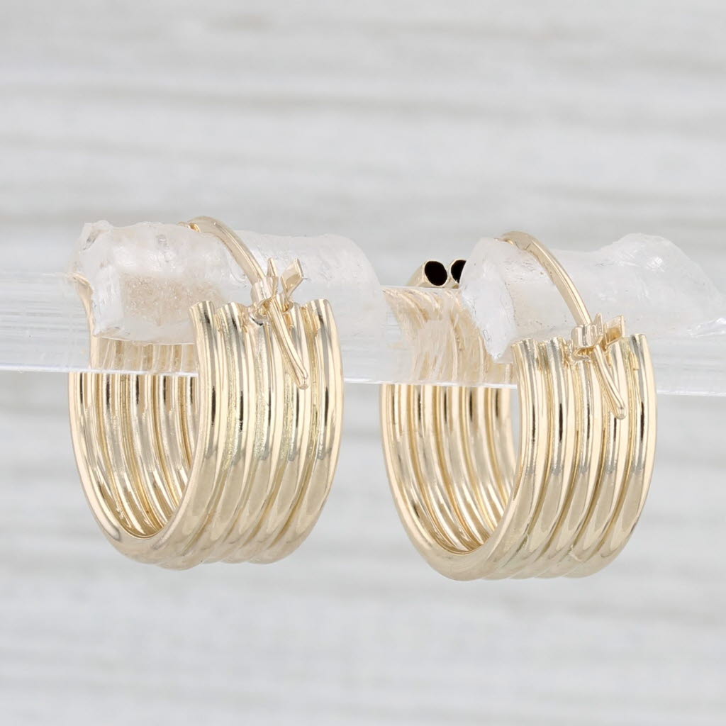 Light Gray Beveled Hoop Huggie Earrings 14k Yellow Gold Snap Top Round Hoops