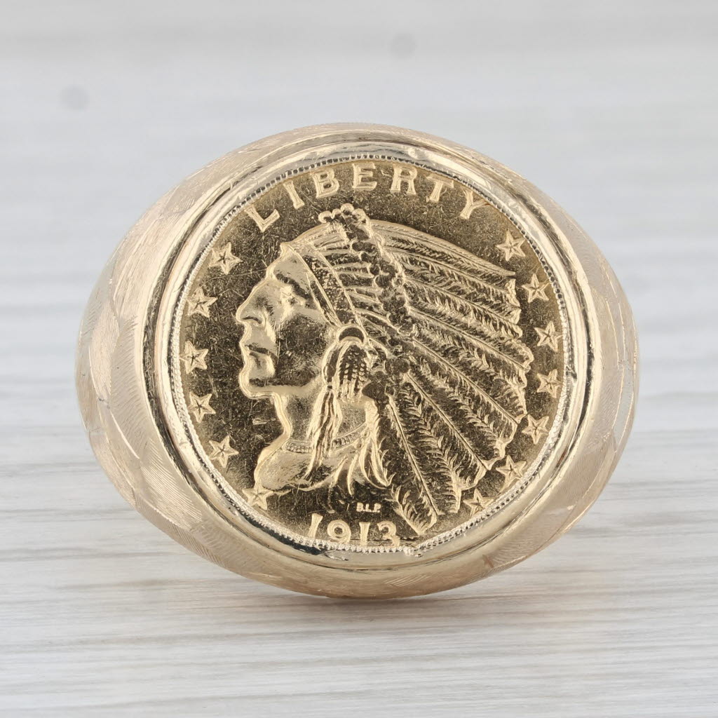 Light Gray Authentic 1913 2.50 Indian Head Coin Ring 14k 900 Yellow Gold Size 11.5 Men's