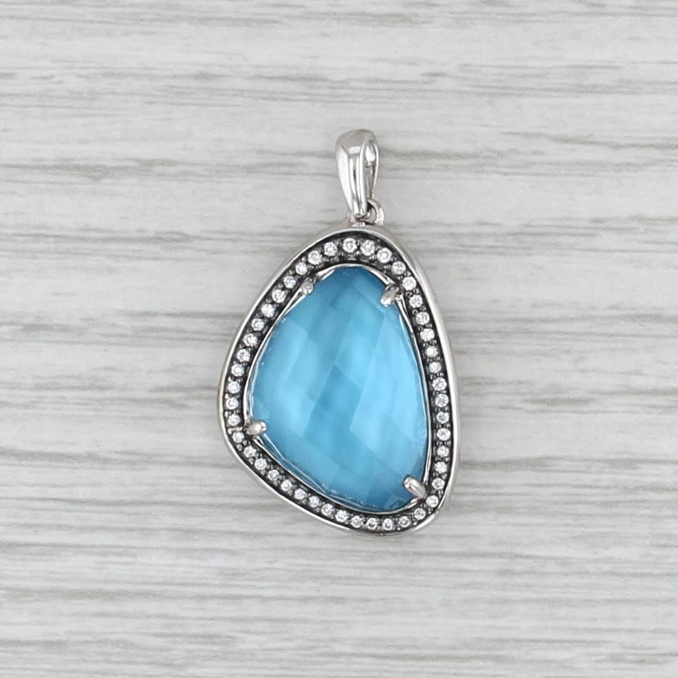 Blue Topaz Mother of Pearl Doublet Diamond Halo Pendant 14k White Gold