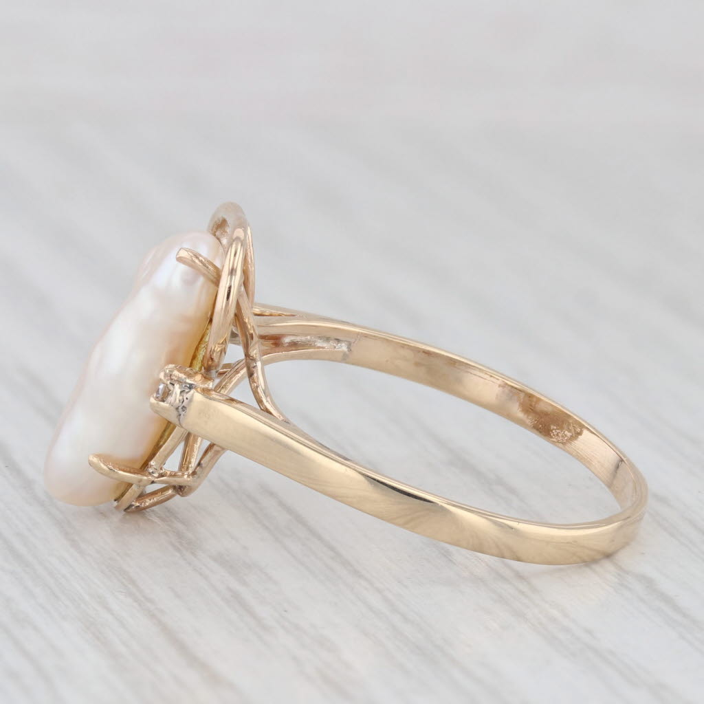 Light Gray Baroque Pearl Diamond Ring 14k Yellow Gold Size 11