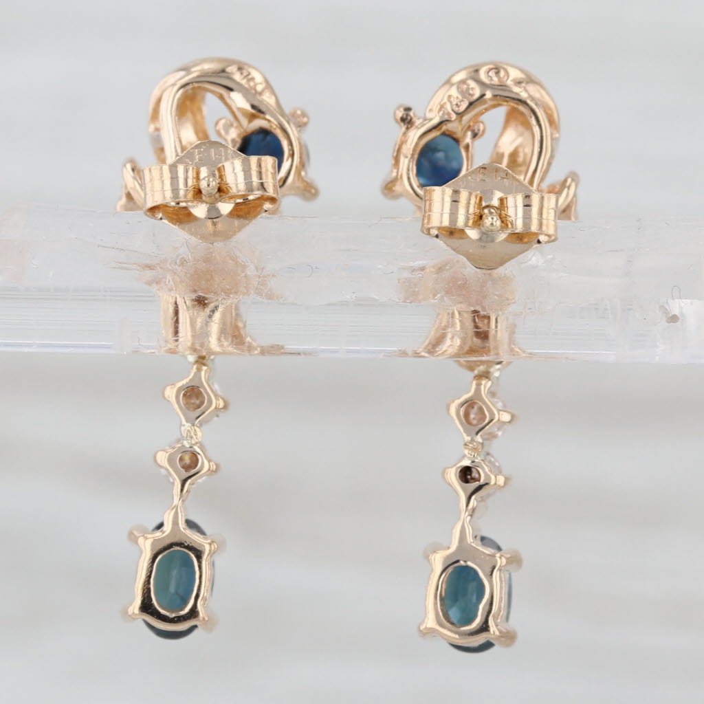 1.10ctw Blue Sapphire Diamond Dangle Earrings 14k Yellow Gold Drops
