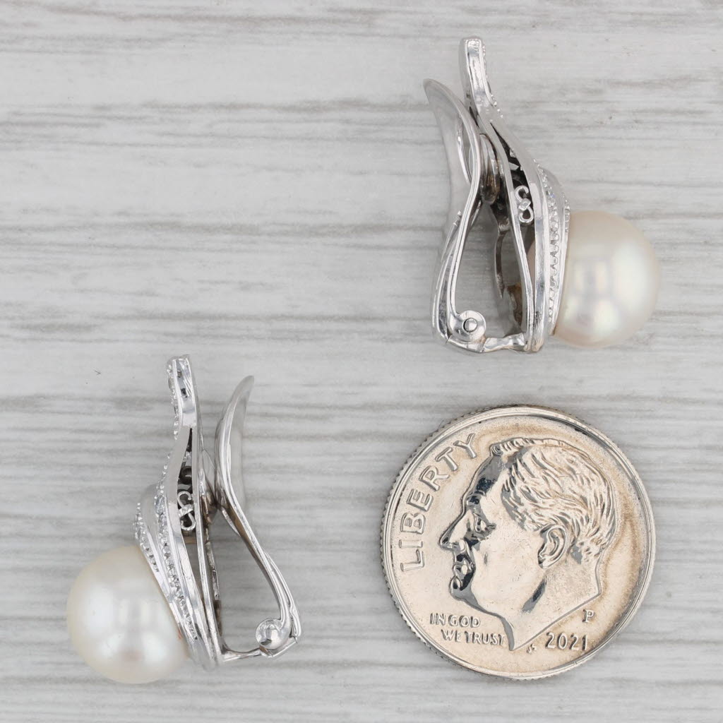 Cultured Pearl 0.30ctw Diamond Drop Clip On Earrings 14k Gold Platinum