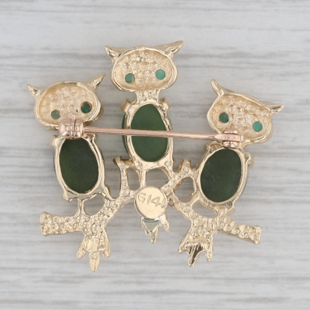 Gray Vintage Nephrite Jade Chalcedony Owl Brooch 14k Yellow Gold Pin 3 Owls
