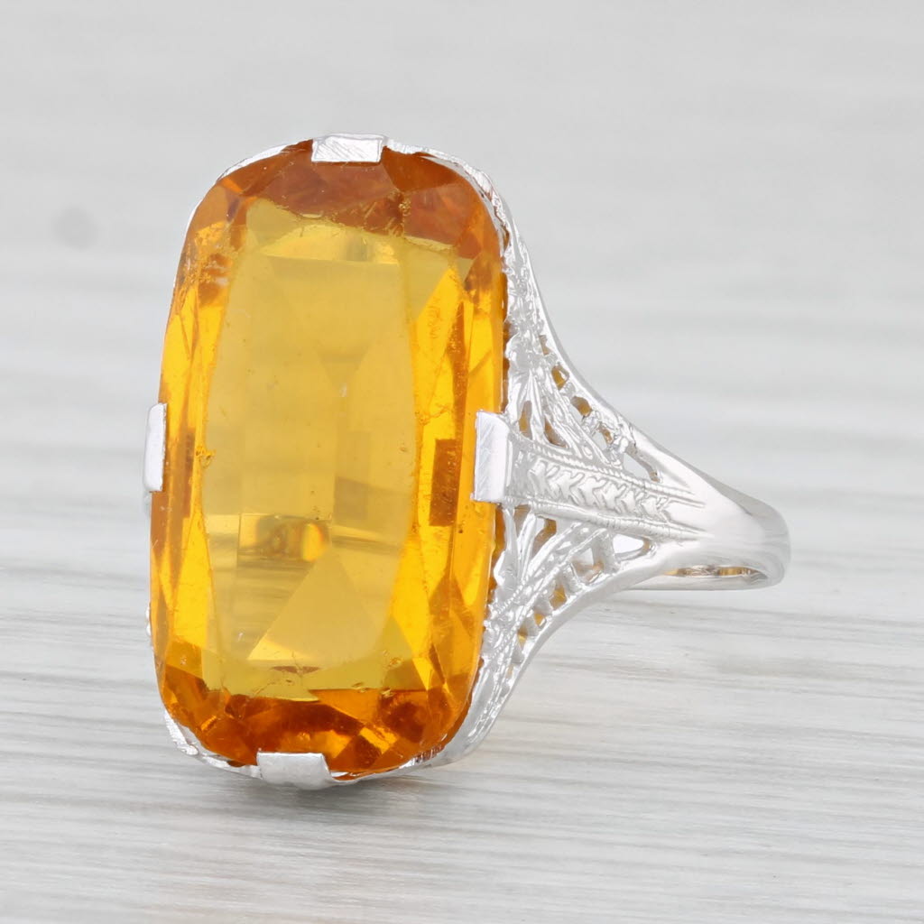Light Gray Orange Yellow Glass Ring Vintage Filigree 14k White Gold Size 6