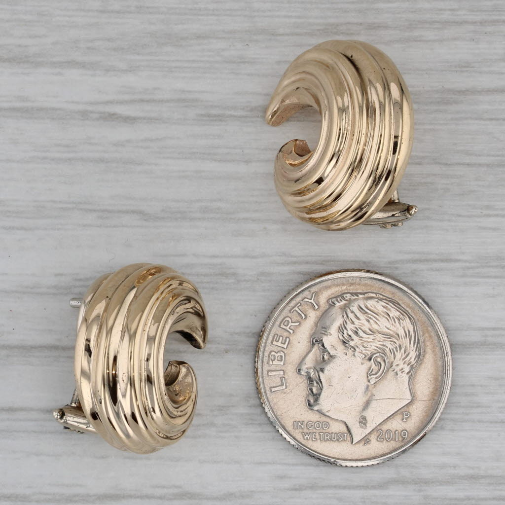 Dark Gray Beveled C Stud Earrings 14k Yellow Gold Omega Backs