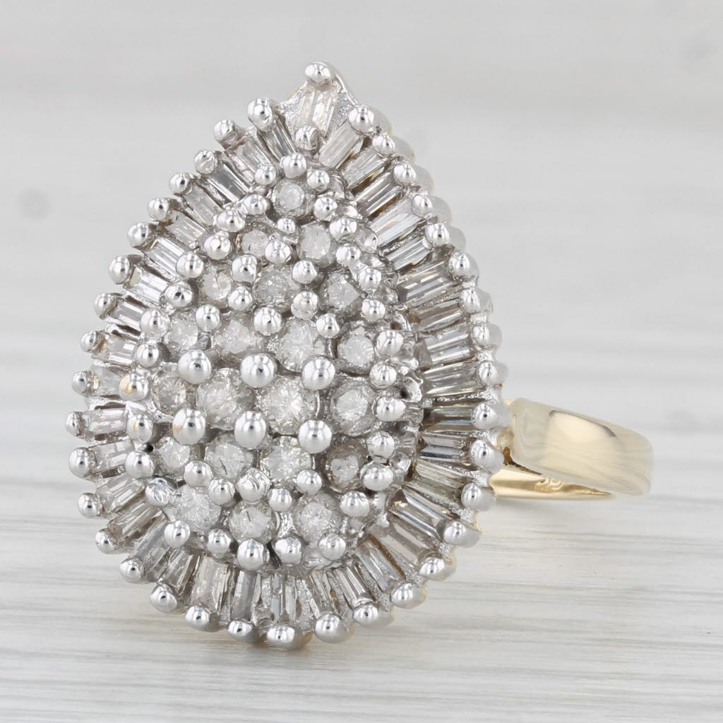 Light Gray 1.26ctw Diamond Teardrop Ring 10k Yellow Gold Size 7.25 Cocktail Cluster