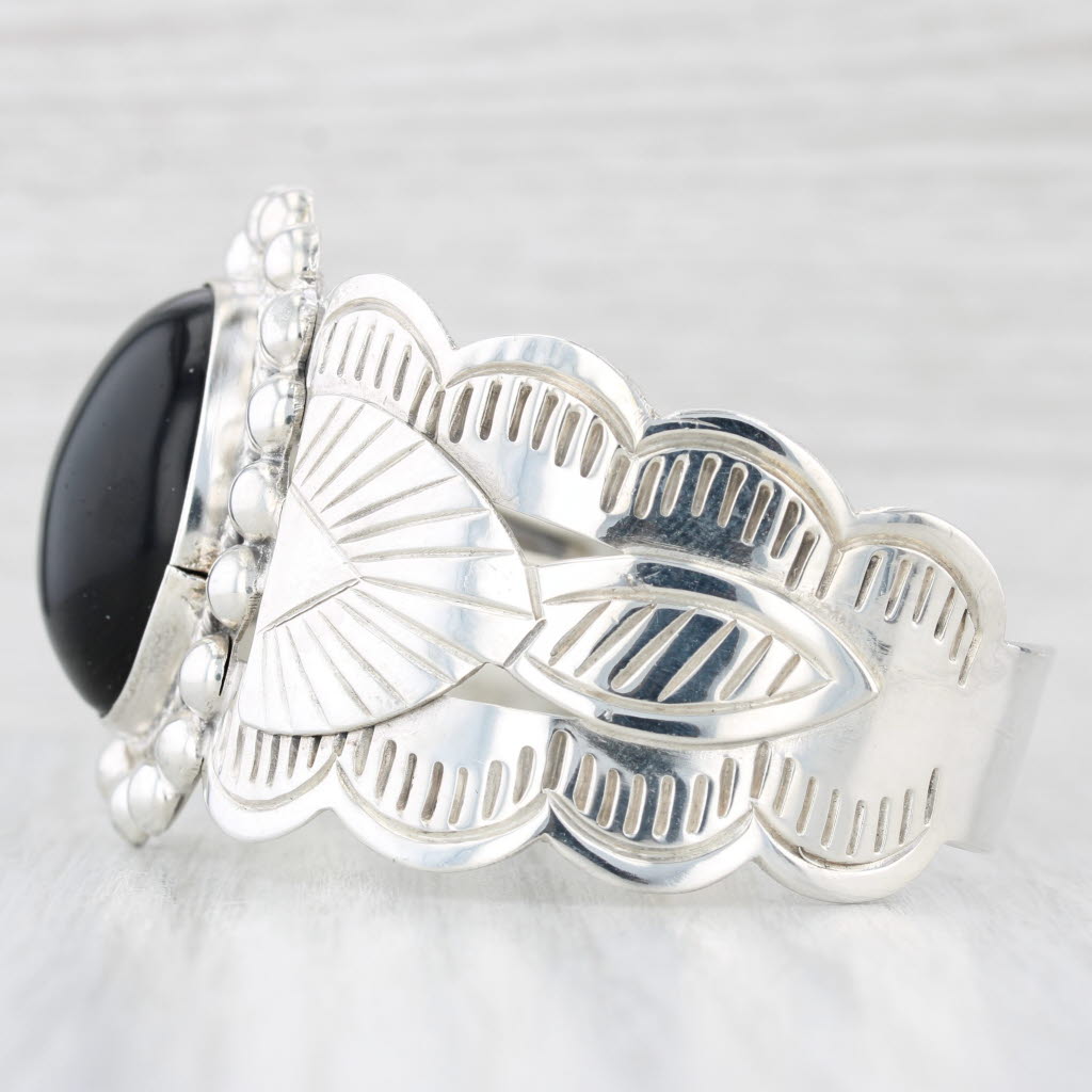 Light Gray Black Obsidian Sterling Silver Cuff Bracelet Stamped Pattern Mexico 7.25"