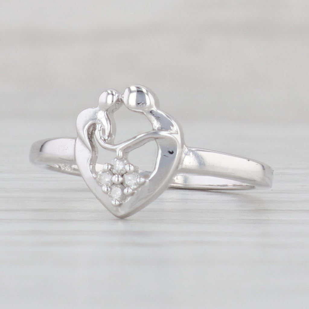 Light Gray Diamond Mother & Child Heart Ring 14k White Gold Size 7