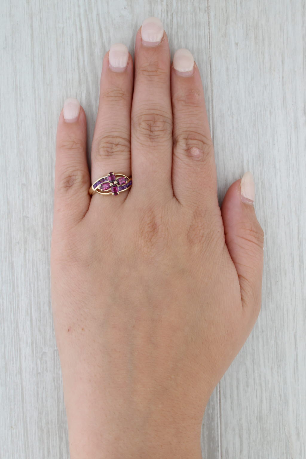 1.58ctw Garnet Flower Amethyst Bypass Ring 10k Yellow Gold Size 7.5