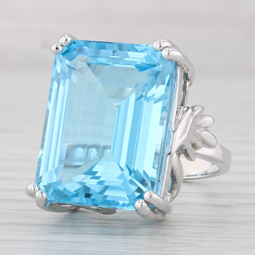 Light Gray 29ct Emerald Cut Blue Topaz Solitaire Ring 14k White Gold Size 7.5 Cocktail