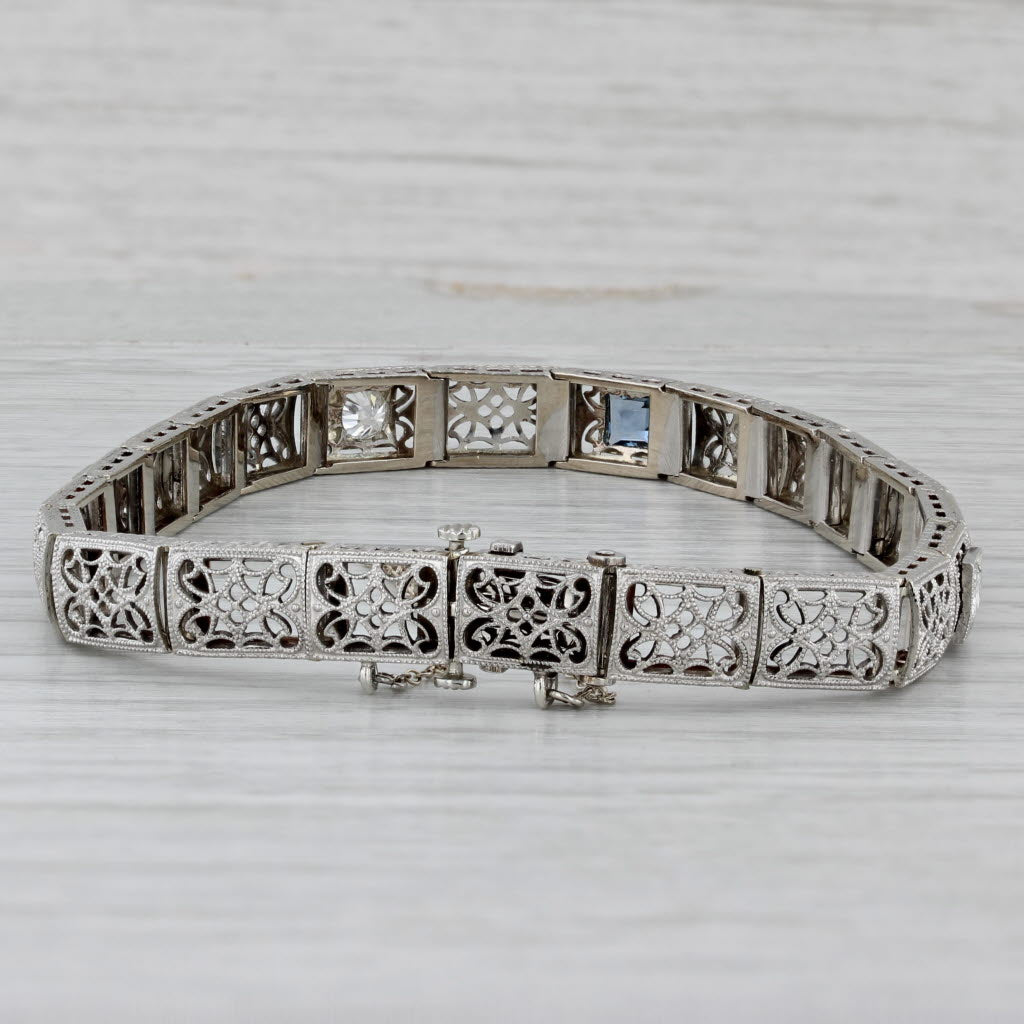 Gray Art Deco Filigree Lab Created Sapphire Diamond Bracelet 14k Gold Platinum