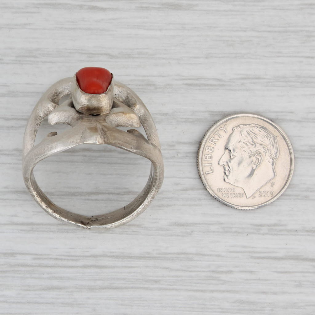 Gray Chimney Butte Coral Ring Sand Cast Sterling Silver Native American Navajo