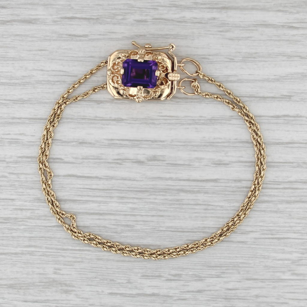 3.15ct Amethyst Slide Charm Bracelet 14k Yellow Gold 7.75" Double Rope Chain